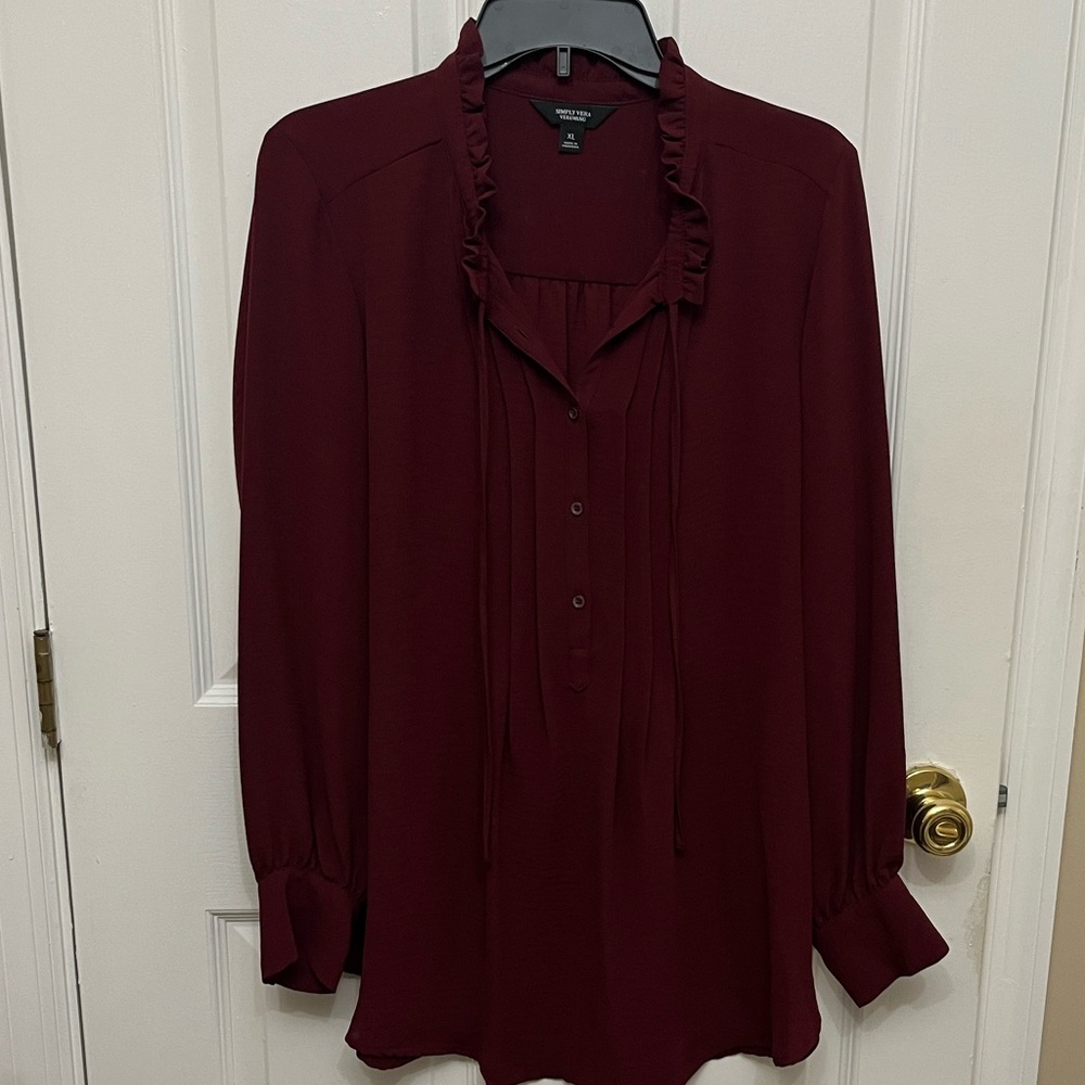 Burgundy Blouse Tie Neck Pintuck Blouse - Picture 2 of 4